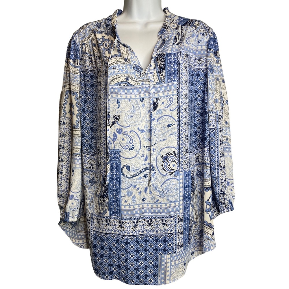 Cynthia Rowley Womens Tunic Top Sz 2X Blue Paisley Print Boho Artsy Coastal